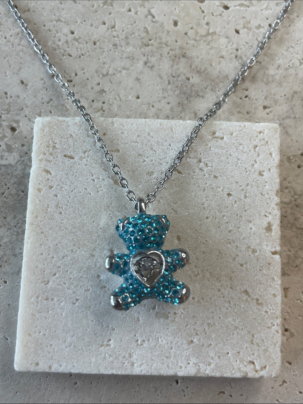Swarovski Blue Crystal Teddy Bear Pendant Necklace